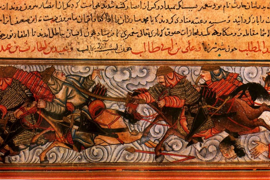 Miniature persane : cavaliers en armure lancés à la poursuite lors de la bataille de Badr, sous un texte persan nommant Ḥamza, ʿAlî et ʿUbayda